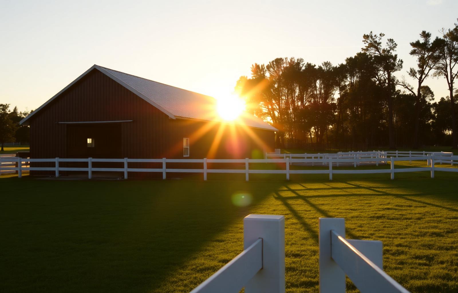 Sunset over an Ocala horse barn and pasture